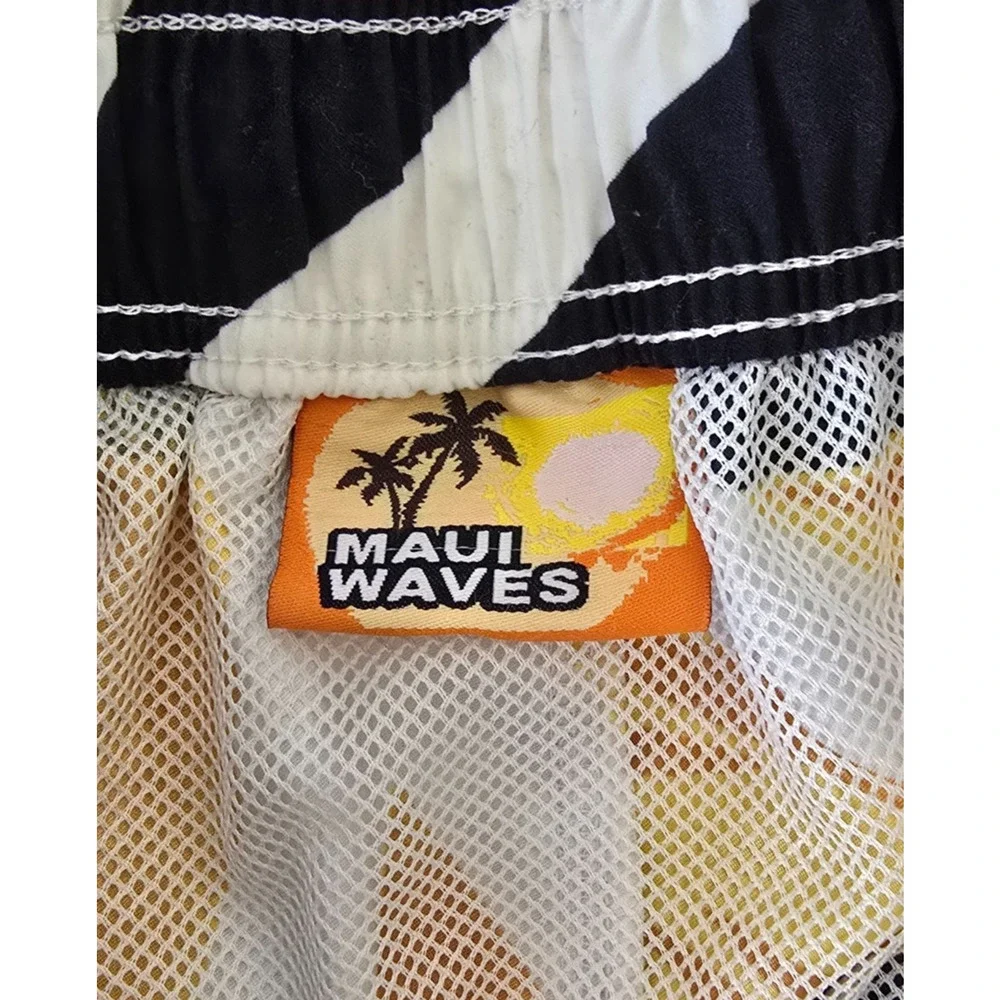 Maui Waves Swim Trunks Men's 2XL Blue Gold Tropical Mesh Lining Tie Front Pocket